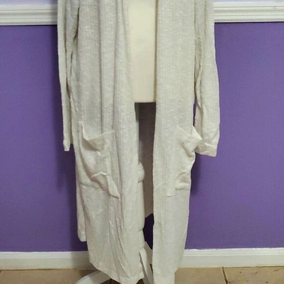 Just Be Off White Boho Ribbed Slouchy Longline Open Cardigan Duster Lagenlook - Picture 3 of 9